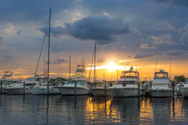 variety of boats in marina during sunset